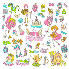 Brave tomboy Hell princess vector cartoon set. Princess magic and feminism illustration, little teen girl, princess superhero and warrior, brave girl illustration. Feminism princesses collection -