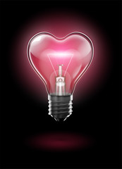 A transparent heart-shaped bulb against a dark background glows with a delicate pink light. Highly realistic illustration.