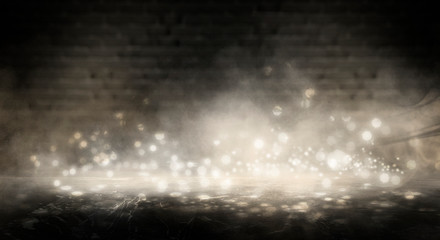 Background of an empty dark room, smoke and dust.