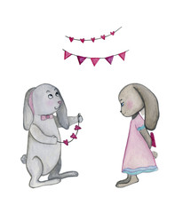 watercolor illustration with cute hares in love