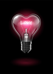 Transparent glowing heart-shaped light bulb on a dark background with the word Love instead of a tungsten filament. Highly realistic illustration.