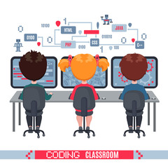 Kids learn coding on laptops in school.