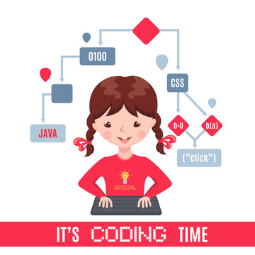 Smiling girl sitting at laptop and learning coding.