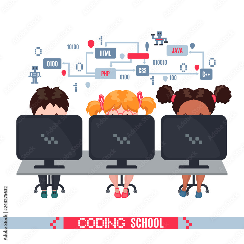 Wall mural kids learn coding on laptops in school.