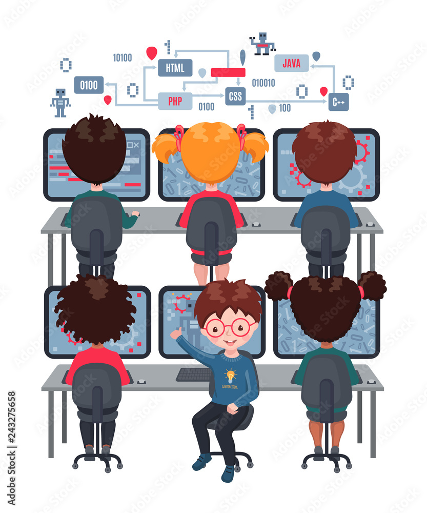 Wall mural kids learn coding on laptops in school.