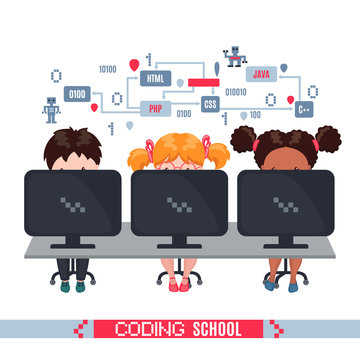 Kids learn coding on laptops in school.