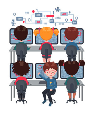 Kids learn coding on laptops in school.