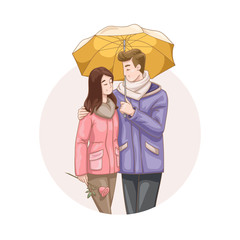 Beautiful loving couple walking under umbrella