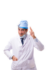 Young handsome doctor otolaryngologist isolated on white 