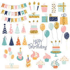 Birthday party glitter set.  Collection of holiday items. Vector hand drawn illustration. - obrazy, fototapety, plakaty