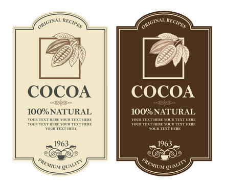 collection of labels with cocoa beans, branch and leaves