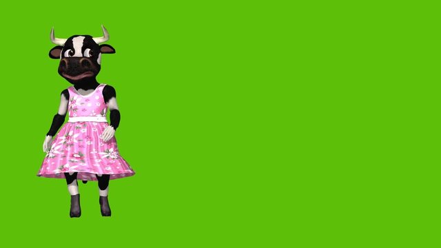 Funny animated sexy cow in dress, walks and waves set against a green background