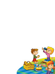 cartoon happy and funny scene with kids having fun and picnic - illustration for children