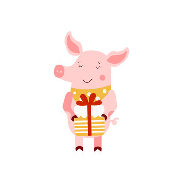 Vector illustration of Pig with gift box and Happy New Year text. Zodiac symbol of 2019 year. Cute cartoon pig useful for invitations, scrapbook, Christmas card, poster, sticker, clip art