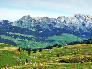 Autumn pastures and hills on the plateau beneath the mountain ranges Churfirsten - Canton of St....