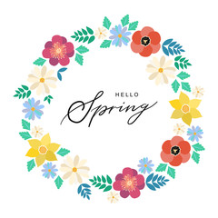 Hello spring typography hand drawn lettering poster with flower wreath decor. Vector illustration for 8 March Women's Day, Mother's Day, greeting cards, invitations. Floral border background, template