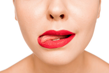 Fototapeta premium Sexy Red Lip. Close-up Beautiful lips. Make-up. Beauty Model Woman's Face close-up