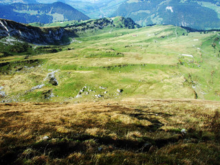 Autumn pastures and hills on the plateau beneath the mountain ranges Churfirsten - Canton of St....