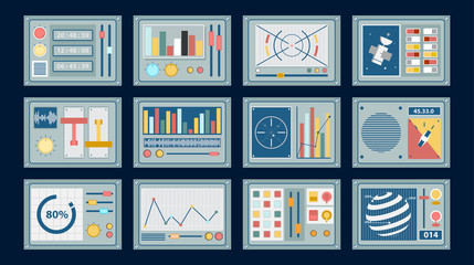 Control panels. Big set of consoles.Devices, radar, spacecraft, chart, Vector illustration design. - Vector © Igor