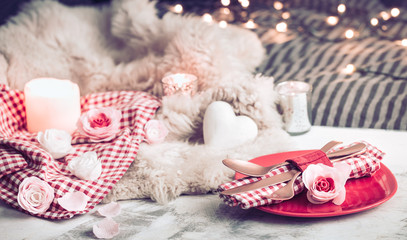 Valentine's Day festive dinner on a wooden background cutlery