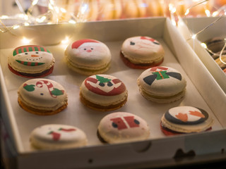 Box with french dessert - multicolored tasty macaroons. French cuisine, Christmas, candy, holiday, new year and food concept