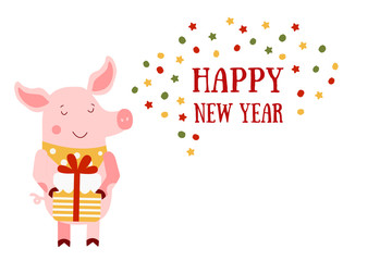 Vector illustration of Pig and Happy New Year text. Zodiac symbol of 2019 year. Cute cartoon pig useful for invitations, scrapbook, Christmas card, poster, sticker, clip art.