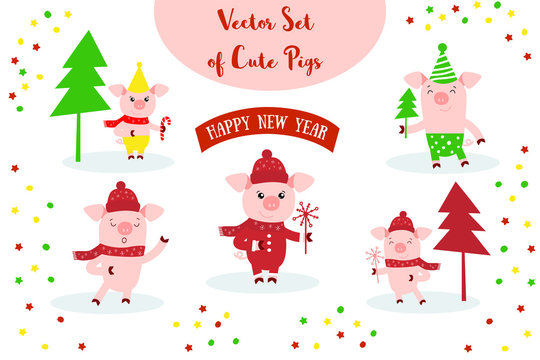 Vector illustration of Pig and Happy New Year text. Zodiac symbol of 2019 year. Cute cartoon pig useful for invitations, scrapbook, Christmas card, poster, sticker, clip art.