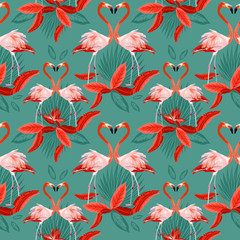 Fototapeta premium Seamless tropical pattern, Two flamingos in love and tropical palm leaves, plants, bird of paradise. Romantic Valentine's Day template. Pattern trend design.