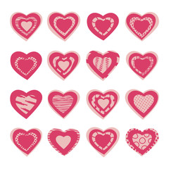 Set of vector hearts with textures in pink color
