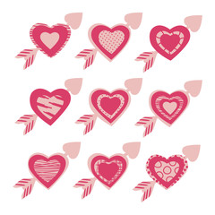 Set of vector hearts with an arrow in  pink color.