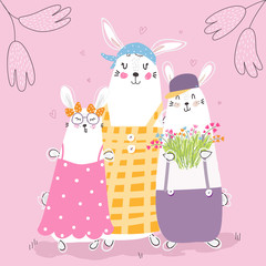 Vector illustration set of cute family of rabbit wearing in casual, spring summer time. Set of graphic elements for kids. Childish hand drawn bunny. Happy Mother's day. Greeting card, invitation.