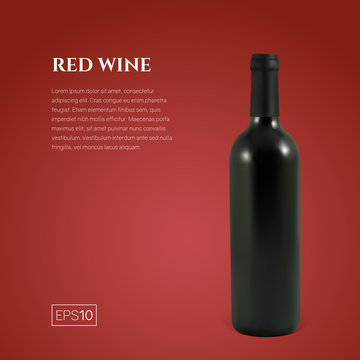 Photorealistic bottle of red wine on a red background. Mock up transparent bottle of wine. Template for product presentation or advertising in a minimalistic style.