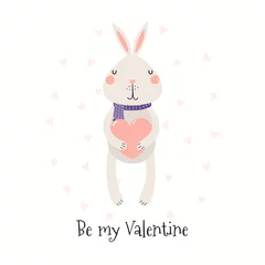 Fotobehang Hand drawn card with cute funny bunny holding heart, text Be my Valentine. Isolated objects on white background. Vector illustration. Scandinavian style flat design. Concept for children print. © Maria Skrigan