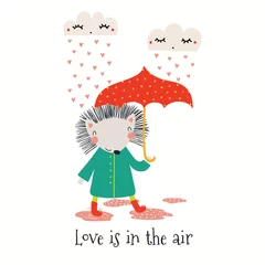 Poster Hand drawn Valentines day card with cute funny hedgehog, clouds, hearts, text Love is in the air. Isolated objects on white. Vector illustration. Scandinavian style flat design. Concept for kids print © Maria Skrigan