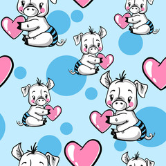 Seamless pattern of cute cartoon piggy with pink heart. Hand drawn line art style design.