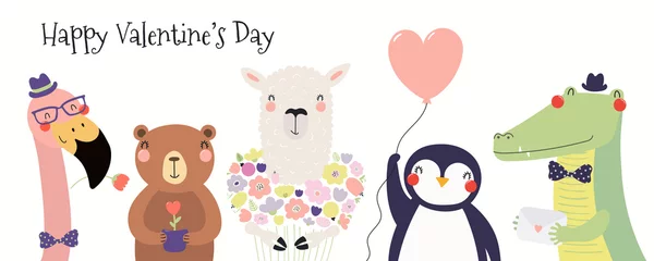 Wall murals Illustrations Hand drawn card with cute funny animals, hearts, text Happy Valentines day. Isolated objects on white background. Vector illustration. Scandinavian style flat design. Concept for children print.