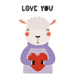 Poster Hand getekende Valentijnsdag kaart met leuke grappige schapen houden hart, tekst hou van je. Geïsoleerde objecten op een witte achtergrond. Vector illustratie. Scandinavische stijl plat ontwerp. Concept voor kinderprint © Maria Skrigan