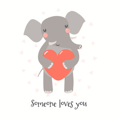Hand drawn Valentines day card with cute funny elephant holding heart, text. Isolated objects on white background. Vector illustration. Scandinavian style flat design. Concept for children print.