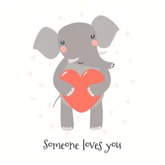 Washable wall murals Illustrations Hand drawn Valentines day card with cute funny elephant holding heart, text. Isolated objects on white background. Vector illustration. Scandinavian style flat design. Concept for children print.