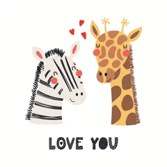 Fotobehang Hand getekende Valentijnsdag kaart met leuke grappige zebra, giraffe, harten, tekst Love you. Geïsoleerde objecten op een witte achtergrond. Vector illustratie. Scandinavische stijl plat ontwerp. Concept kinderen afdrukken. © Maria Skrigan