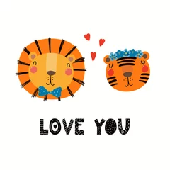 Zelfklevend Fotobehang Hand drawn Valentines day card with cute funny lion, tiger, hearts, text Love you. Isolated objects on white background. Vector illustration. Scandinavian style flat design. Concept for children print © Maria Skrigan