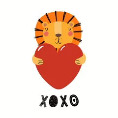 Zelfklevend Fotobehang Hand drawn Valentines day card with cute funny lion holding heart, text XOXO. Isolated objects on white background. Vector illustration. Scandinavian style flat design. Concept for children print. © Maria Skrigan