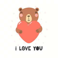 Gordijnen Hand drawn Valentines day card with cute funny bear holding heart, text I love you. Isolated objects on white background. Vector illustration. Scandinavian style flat design. Concept children print. © Maria Skrigan