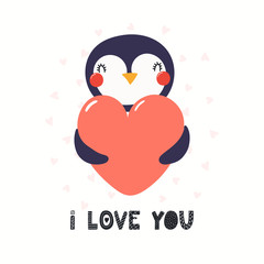 Hand drawn Valentines day card with cute funny penguin holding heart, text I love you. Isolated objects on white background. Vector illustration. Scandinavian style flat design. Concept children print