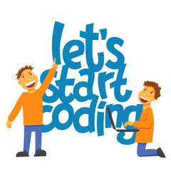 A vector image with a lettering let's start coding. A children coding theme isolated text with the programming languages and boys children coding