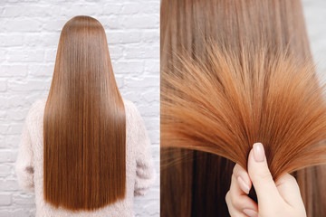 Sick, cut and healthy hair care keratin. Before and after treatment