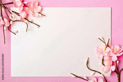 Greeting card on pink background. Selective focus. Valentines day, Womens day, Mothers day. Background with copy space. Horizontal.