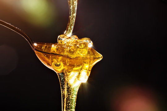 Honey with gold color flows down from a spoon, on a dark background. Healthy eating. Diet. Selective focus. Background with copy space.