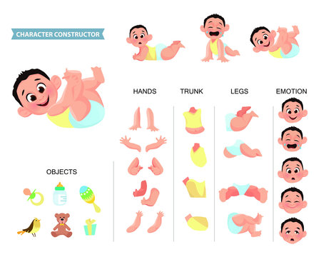 Creation of cartoon character baby boy set with haircuts emotions legs positions and аccessories isolated vector illustration. Moving arms, legs. 