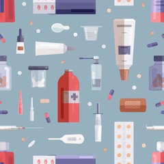 Seamless pattern with pills, drugs, medications in bottles, jars, tubes, syringe and other medical tools on grey background. Flat cartoon colorful vector illustration for wrapping paper, wallpaper.